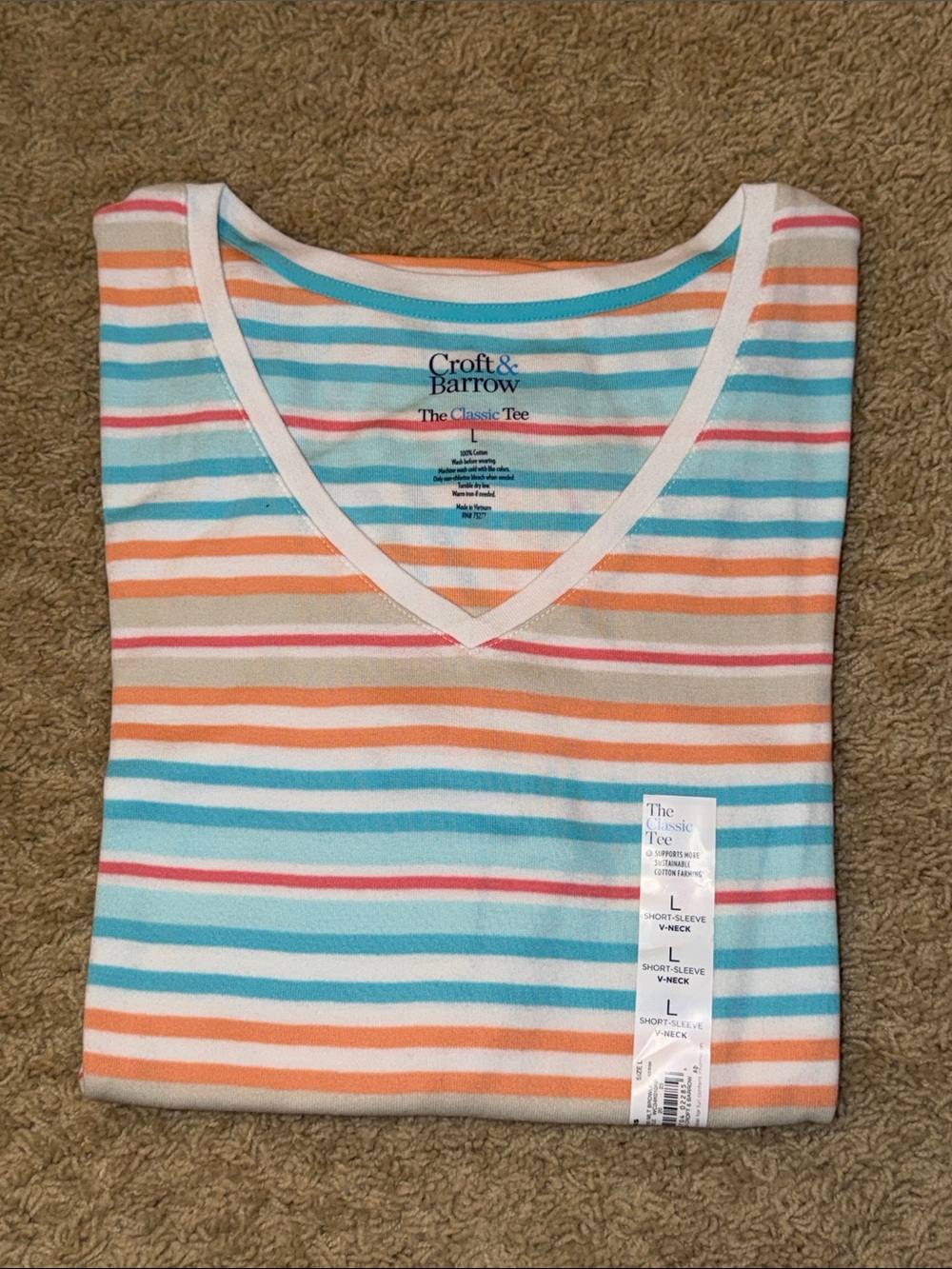 croft & barrow Striped V-Neck Tee - Blue, Orange, Pink, Cream